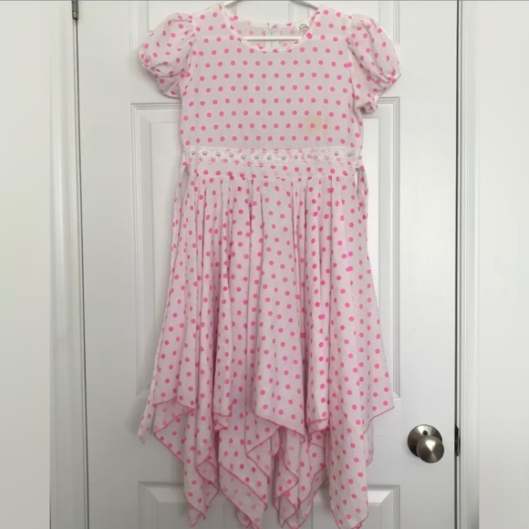 Polka Dot Ruffle Hem Dress Girls Size 10 White Pink - Picture 1 of 9